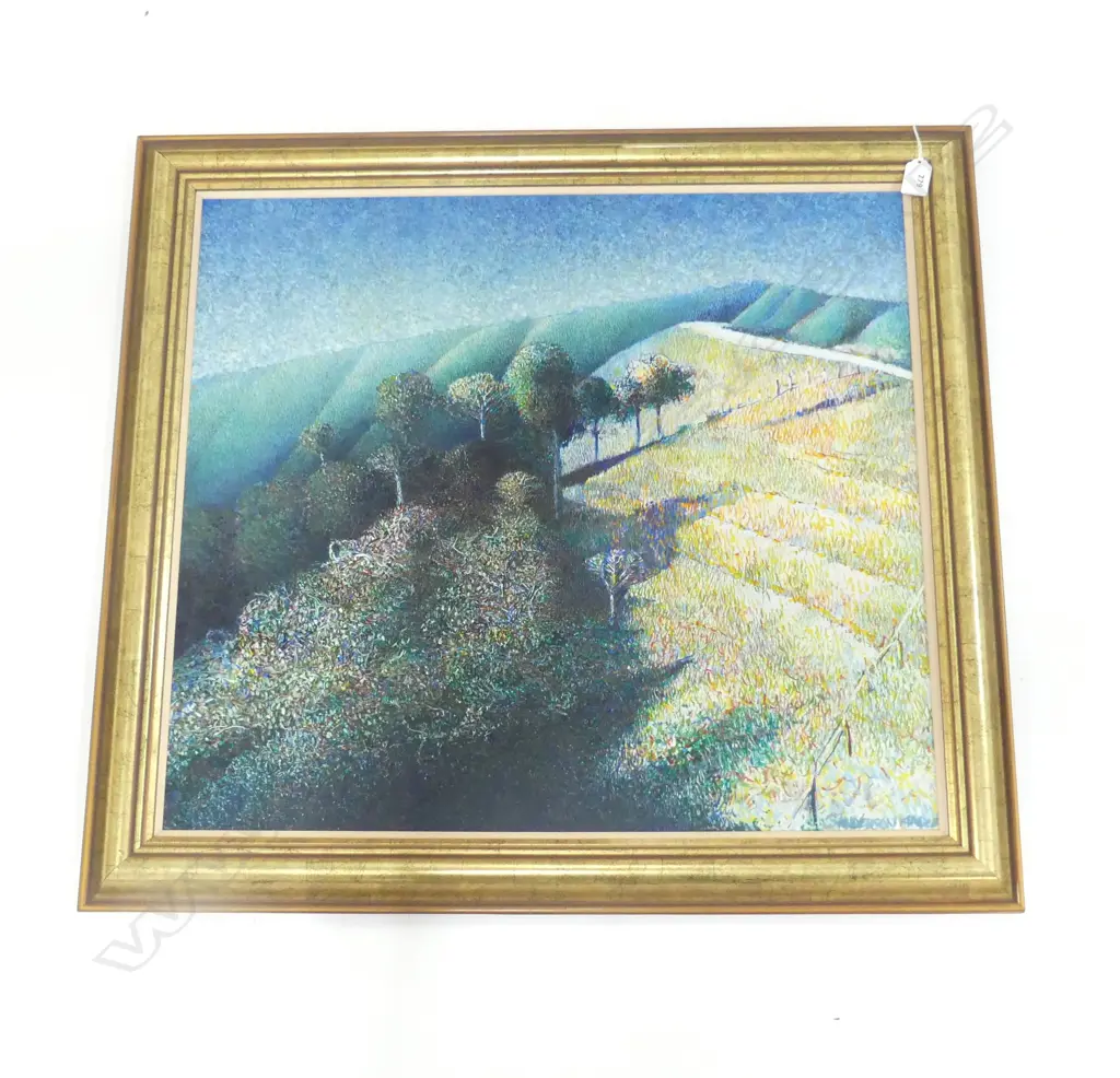 TED (SANDERSON) KINDLEYSIDES ACRYLIC 'NORTHERN LANDSCAPE' (back of Pohoi) signed. Detailed verso 600 x 670mm Image 1++
