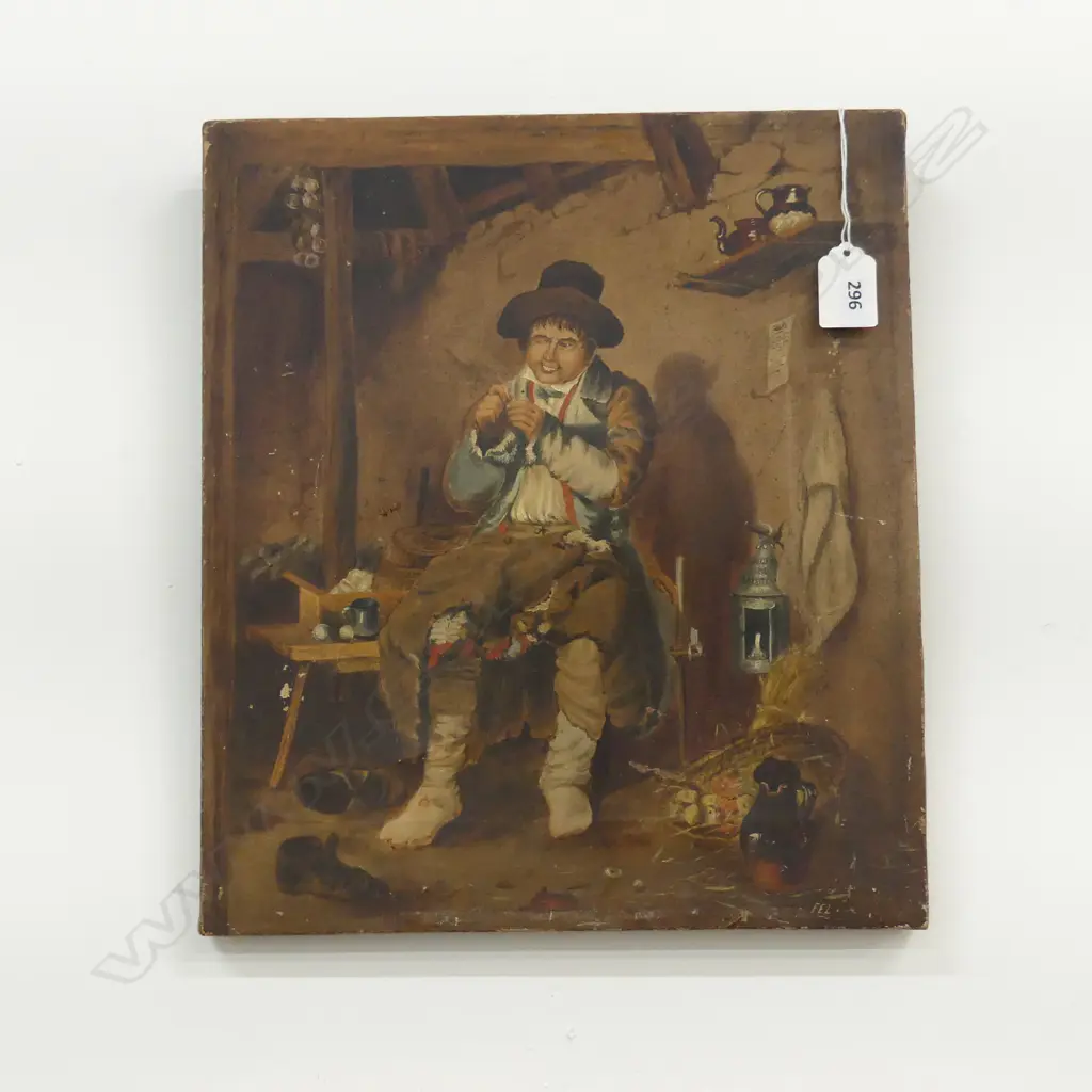 UNFRAMED ANTIQUE PAINTING, 19thC MAN IN RURAL INTERIOR, OIL ON CANVAS 345x305mm Image 1++