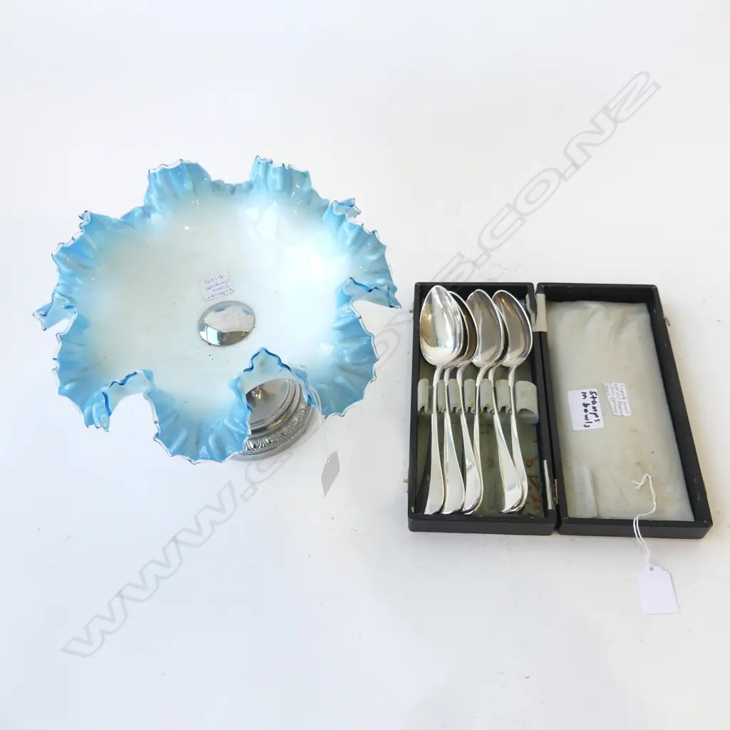 CASED SET FRENCH CHRISTOPHEL PLATE DESSERT SPOONS L240MM & MILKGLASS COMPORT DIA250MM Image 1++