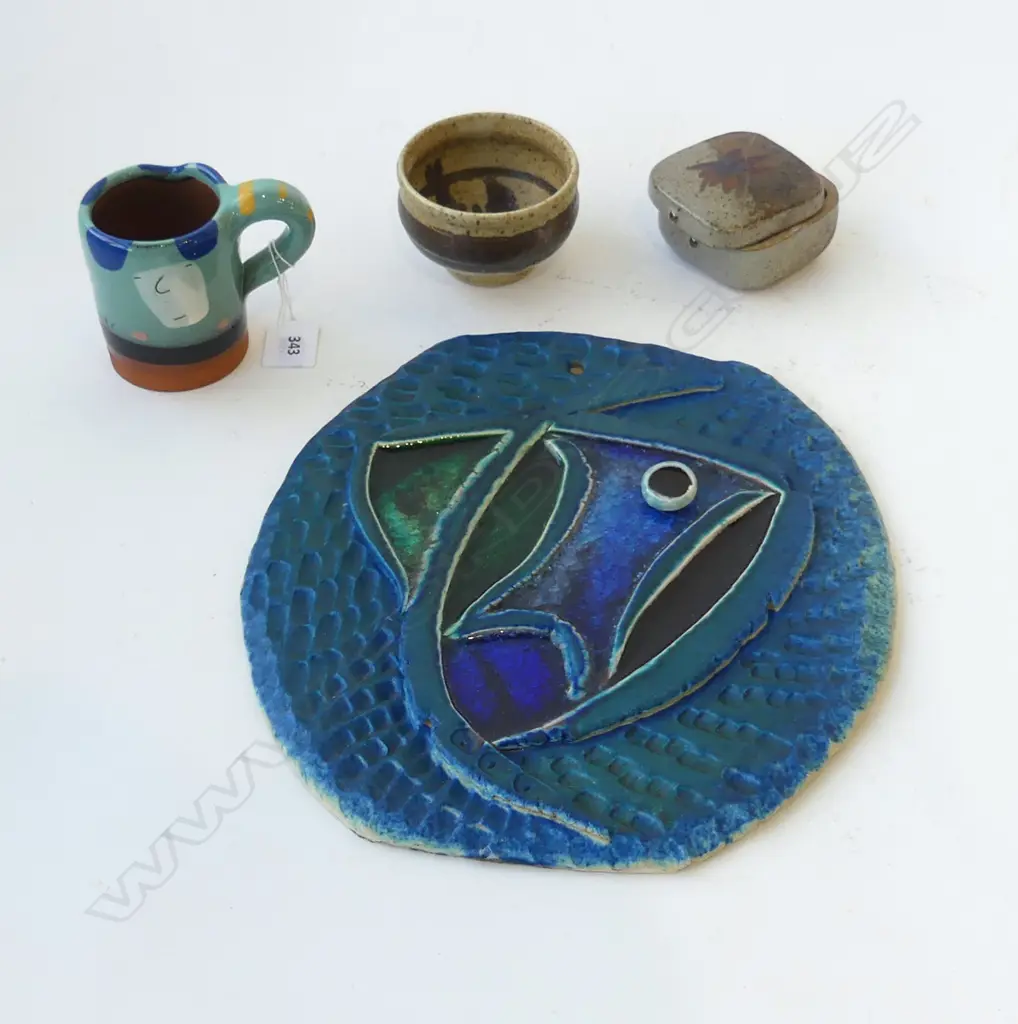 4 PCES STUDIO POTTERY; STEVEN FULLMER MUG (hairline), ESTELLE MARTIN LIDDED CONTAINER AF & CUP, ABSTRACT BLUE PLAQUE Image 1++