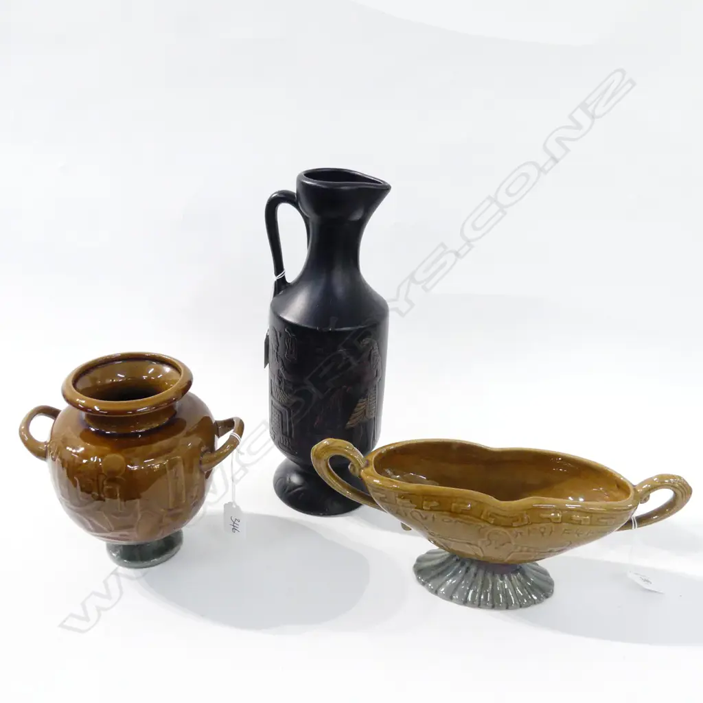 2 TITIAN STUDIOS EGYPTIAN pattern VASES TALLEST H180mm + AQUILA CERAMICS EGYPTIAN JUG H.320mm Image 1++