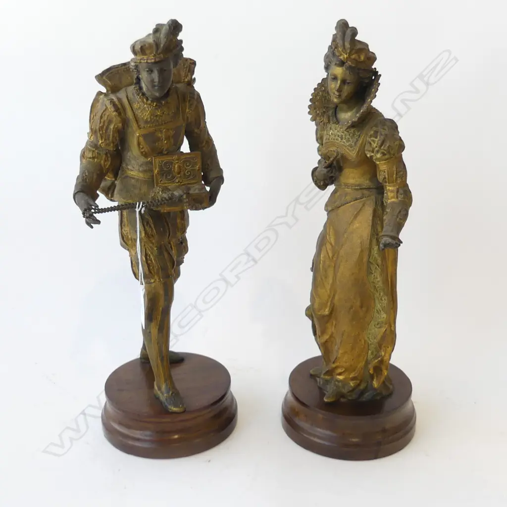 PR ANTIQUE GILDED SPELTER FIGURES IN ELIZABETHAN COSTUME H.410mm Image 1++