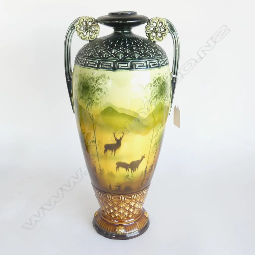 OLD ENGLISH POTTERY VASE scene with deer. Relief panels & handles H.360mm Shelton Pottery ? label to base Image 1++