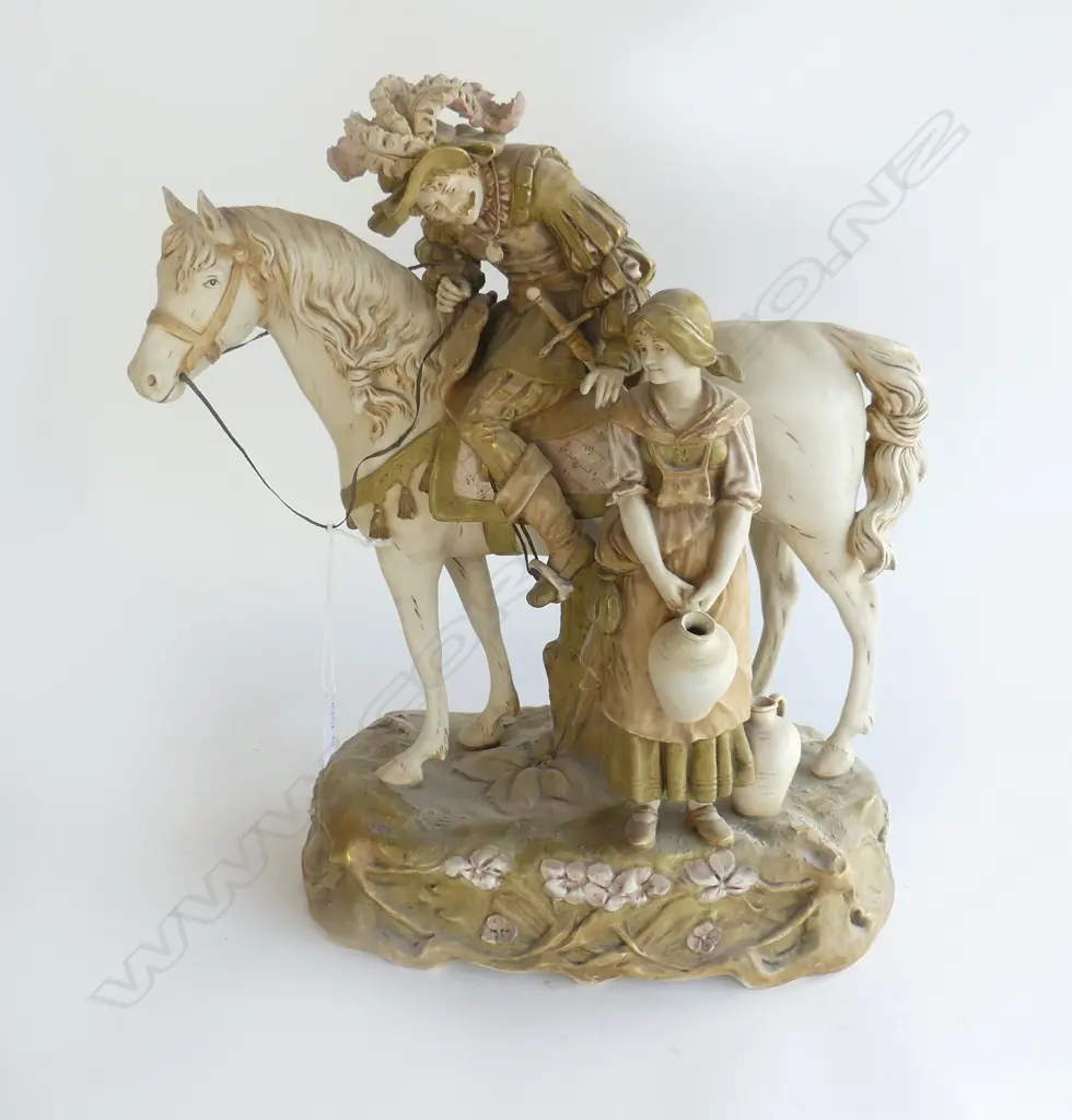 ROYAL DUX LGE GROUP cavalier upon his horse talking to a peasant girl with water jugs H.400mm #759. minor fault Image 1++