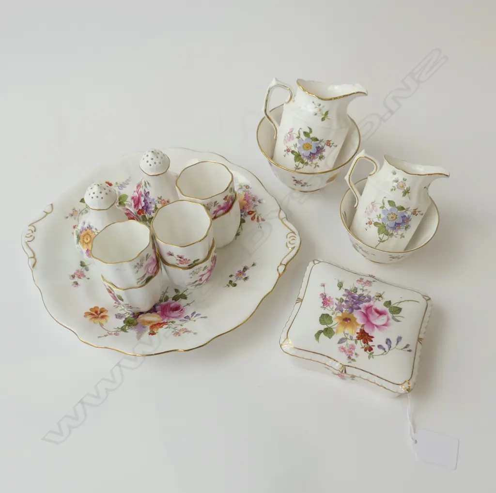 ROYAL CROWN DERBY ‘POSIES’ 6 EGG CUPS, TRINKET BOX, SALT & PEPPER, TWO SUGAR BOWLS, TWO MILK JUGS, AND CAKE PLATE Image 1++