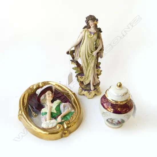 3 PC CHINA; WEDGWOOD & CO WALL HANGING LADY IN OPERA BOX, SM JAPANESE URN & LADY of the FOREST H.200mm