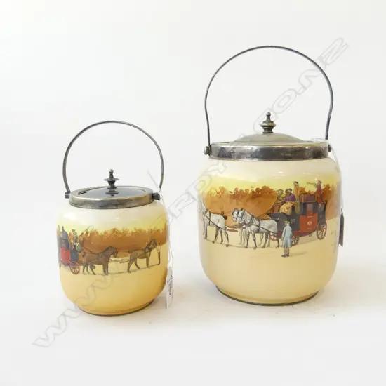 2 PC ROYAL DOULTON COACHING DAYS, EPNS TOPPED RED DOOR BISCUIT BARREL H.180mm & RED DOOR SUGAR CUBE BARREL H.120mm