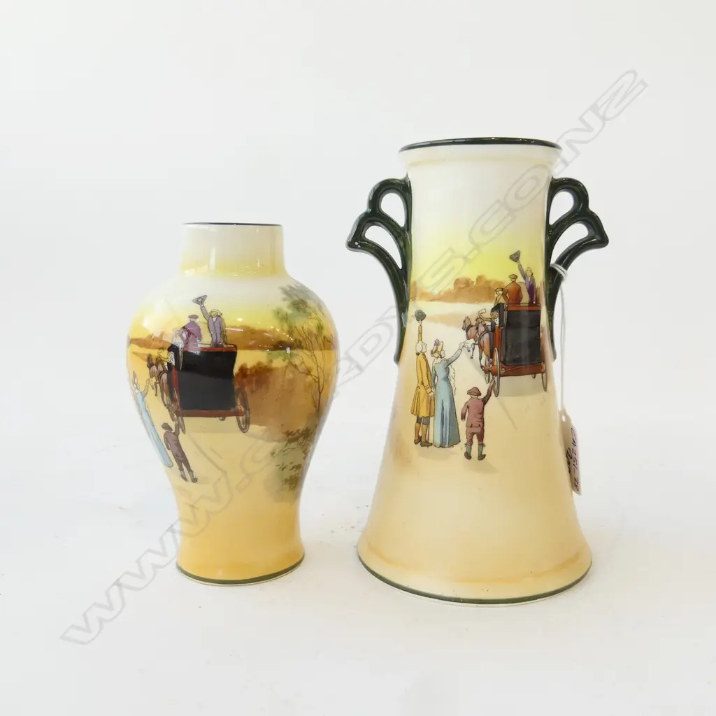 PR ROYAL DOULTON COACHING DAYS VASES, URN SHAPED H.150mm & GREEN HANDLED CONE SHAPED VASE H.180mm Image 1++