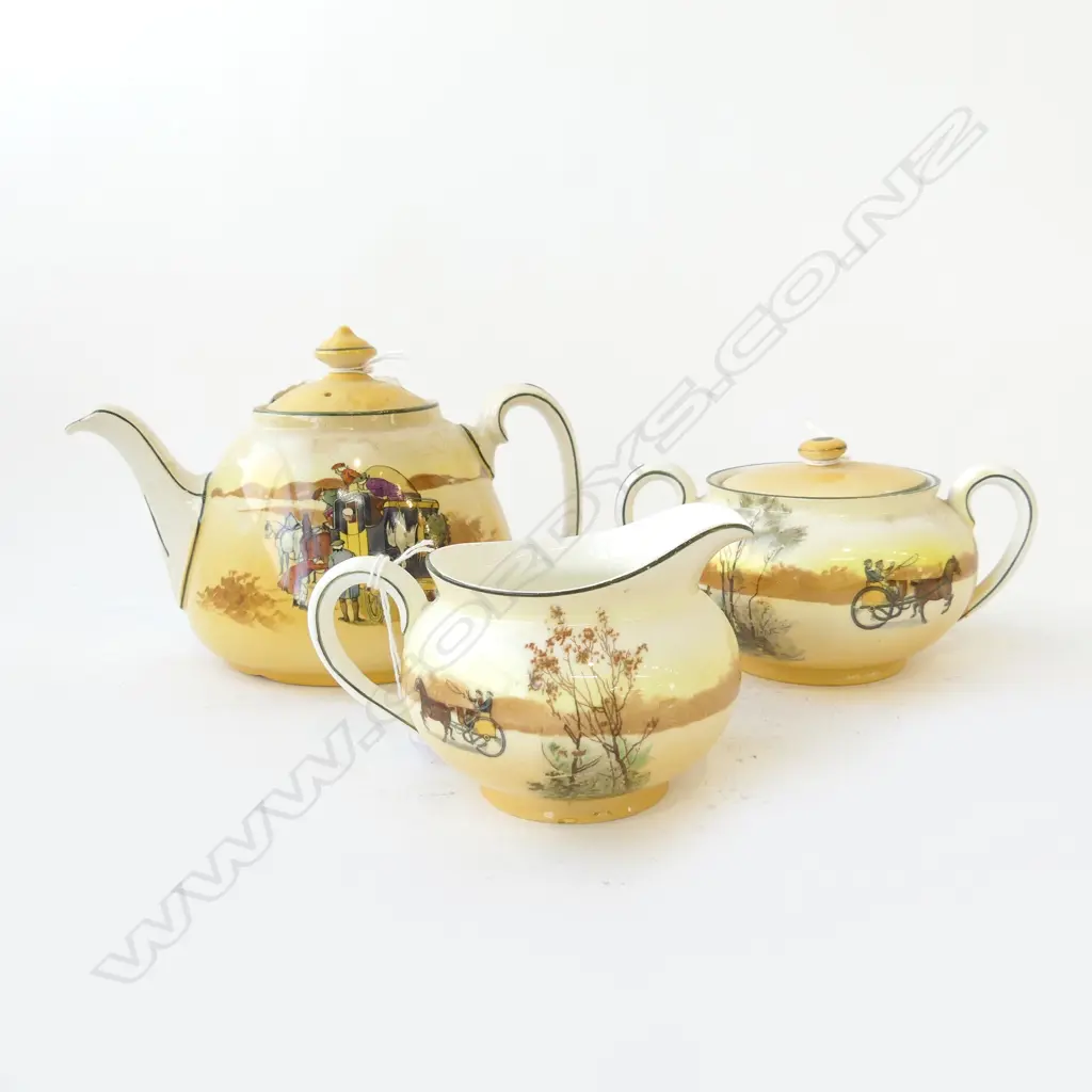3 PC ROYAL DOULTON COACHING DAYS, RED DOOR TEAPOT, YELLOW DOOR MILK & SUGAR Image 1++