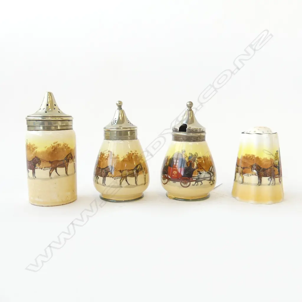 ROYAL DOULTON COACHING DAYS RED DOOR 3 PC EPNS TOPPED CONDIMENT SET & 1 OTHER Image 1++
