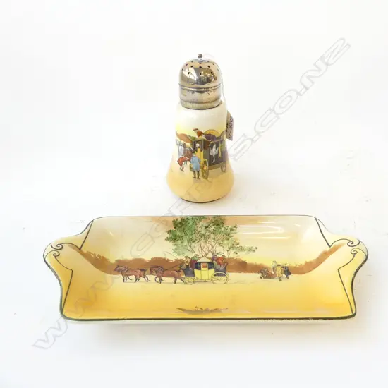 2 PC ROYAL DOULTON COACHING DAYS, YELLOW DOOR, ENPS TOPPED SUGAR SHAKER H.170mm & TRAY SHAPED DISH L.280mm