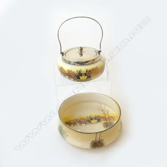 2 PC ROYAL DOULTON COACHING DAYS YELLOW DOOR, EPNS LIDDED BISCUIT BARREL & SHALLOW SIDED DISH