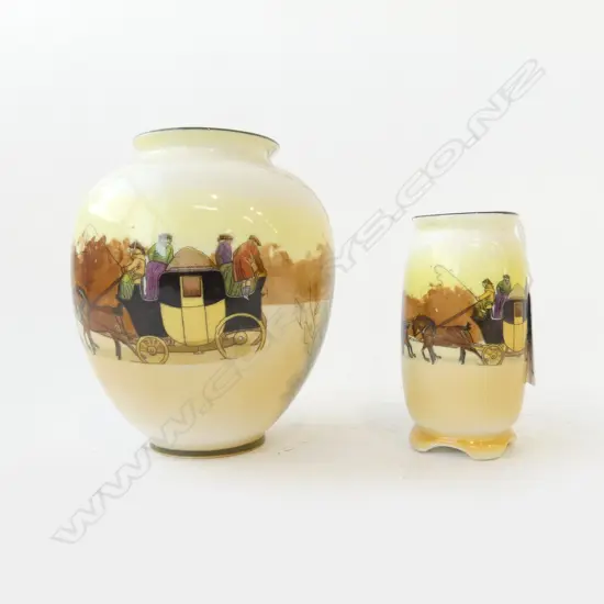2 ROYAL DOULTON COACHING DAYS VASES, YELLOW DOOR MINIATURE H.80mm (faults) & YELLOW DOOR OVID H.110mm