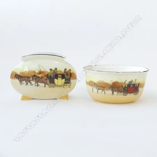 2 PC ROYAL DOULTON COACHING DAYS, YELLOW DOOR FLAT OVAL FOOTED VASE & RED DOOR SUGAR BOWL 