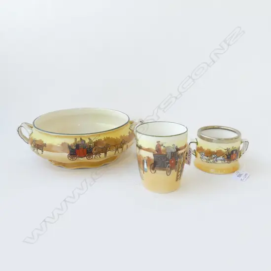 3 PC ROYAL DOULTON COACHING DAYS, RED DOOR MUG, EPNS RIMMED HANDLED MUG & WIDE SCALLOPED FOOTED BOWL DIA.190mm