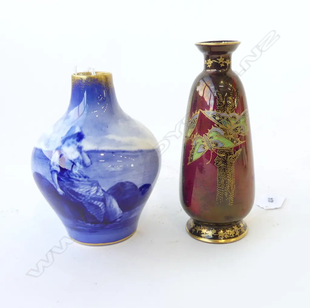 ROYAL DOULTON BLUE CHILDREN SERIES VASE (100x140mm) & DEVON 'LUSTRINE' VASE WITH BUTTERFLY DECORATION ON ROUGE BACKGROUN Image 1++