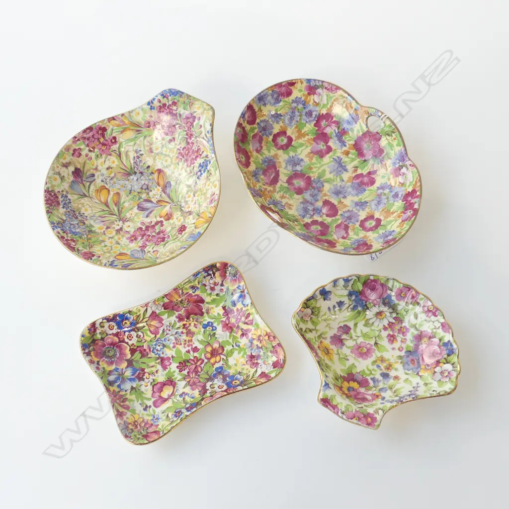 1930’S ROYAL WINTON AOF CHINTZ FOUR DISHES – SUNSHINE, ROYALTY, SUMMERTIME & CROCUS L.106MM-142MM Image 1++