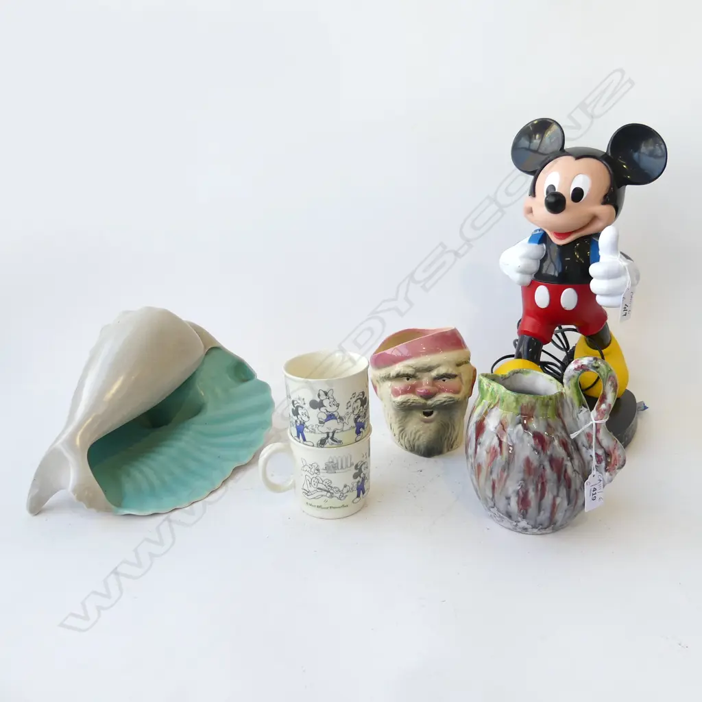 CROWN LYNN SANTA TOBY, PR CUPS, MICKEY MOUSE TELEPHONE H.350mm, POOLE SHELL (HAIRLINE) W.300mm, JUG Image 1++