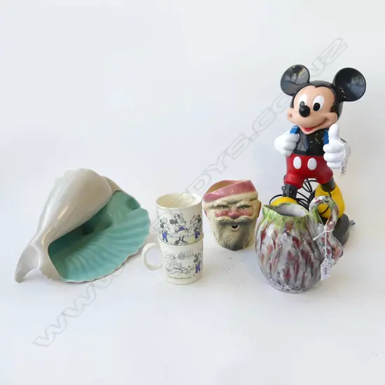 CROWN LYNN SANTA TOBY, PR CUPS, MICKEY MOUSE TELEPHONE H.350mm, POOLE SHELL (HAIRLINE) W.300mm, JUG