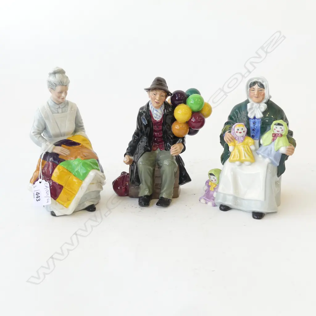 3 ROYAL DOULTON FIGURINES; BALLOON MAN, RAG DOLL SELLER, EVENTIDE H.195mm Image 1++