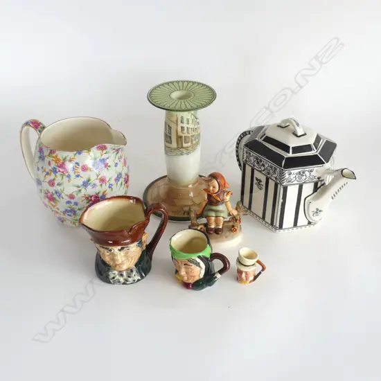 7 PCES CHINA; R. DOULTON TEAPOT & TOM PINCH CANDLESTICK H.165mm, CHINTZ JUG, 3 TOBY JUGS, HUMMEL FIGURINE H.95mm