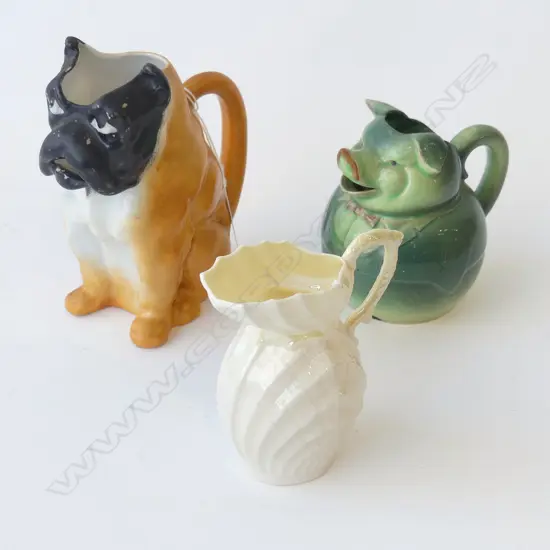 THREE CREAMERS ONE GREENMARK BELLEEK, ONE PUG & A PIG 