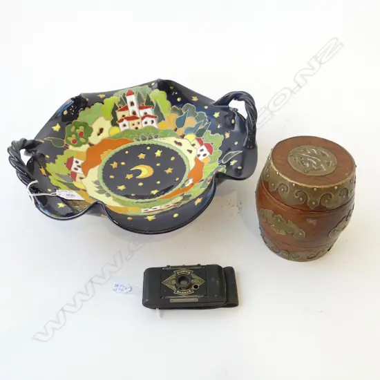 3 ITEMS; LEONCINI BOWL 320mm dia, ORIENTAL BARREL H.125mm, ENSIGN MIDGET CAMERA