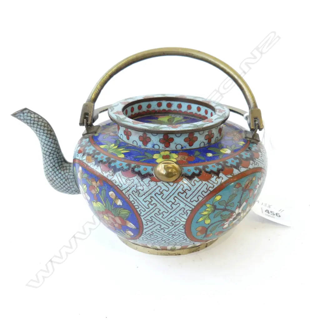 EXQUISITE OLD CLOISONNE TEAPOT, FLORAL VIGNETTES TO THE SIDE.170X100mm Image 1++