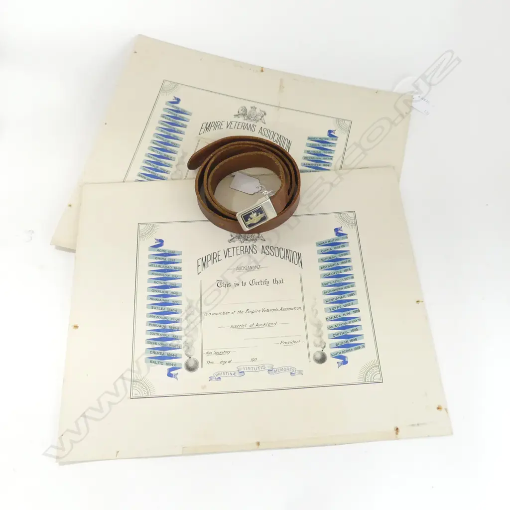 2 EMPIRE VETERAN'S ASSOCIATION CERTIFICATES & RETURNED SERVICES LEATHER BELT Image 1++