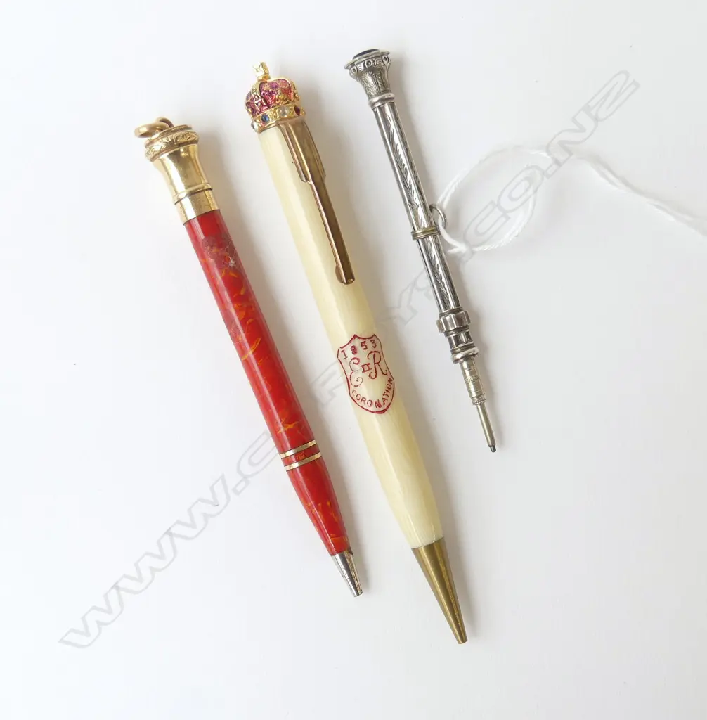 THREE FANCY PENCILS  - EVERSHARP USA, SILVER WITH AMETHYST, & QEII 1953 ROYAL CROWN, L.84MM-122MM Image 1++