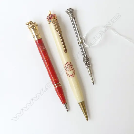 THREE FANCY PENCILS  - EVERSHARP USA, SILVER WITH AMETHYST, & QEII 1953 ROYAL CROWN, L.84MM-122MM