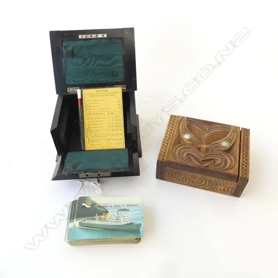 2 WOODEN BOXES; 'BRIDGE' w. STG TRIM W.140mm, CARVED MAORI DESIGN
