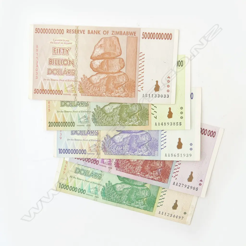 5 ZIMBABWE BANK NOTES; 1, 5, 10, 20, 50 BILLION DOLLARS Image 1++