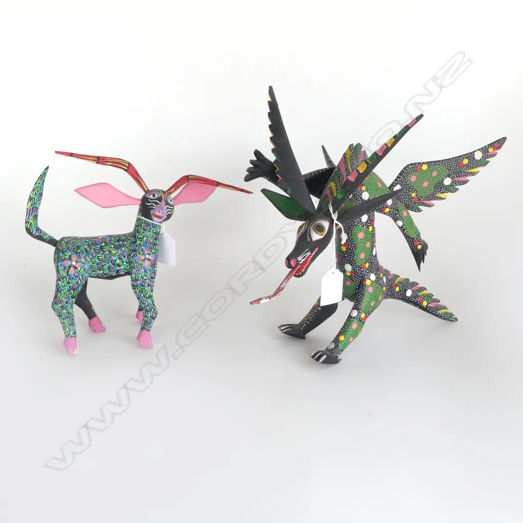 2 MEXICAN ALEBRIJIE DREAM CREATURES brightly painted H.265mm tallest Image 1++