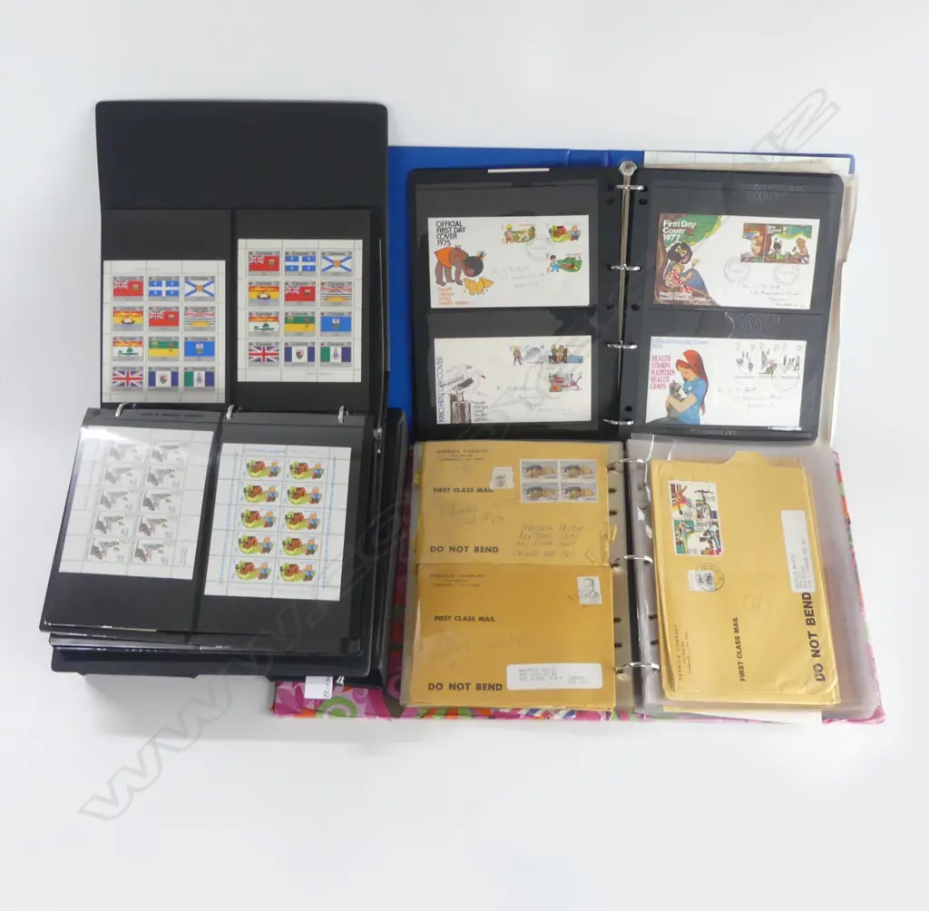 Collection of three stamp albums: 1 NZ & CANADIAN mint blocks + mini sheets etc + older + USA envelopes etc Image 1++