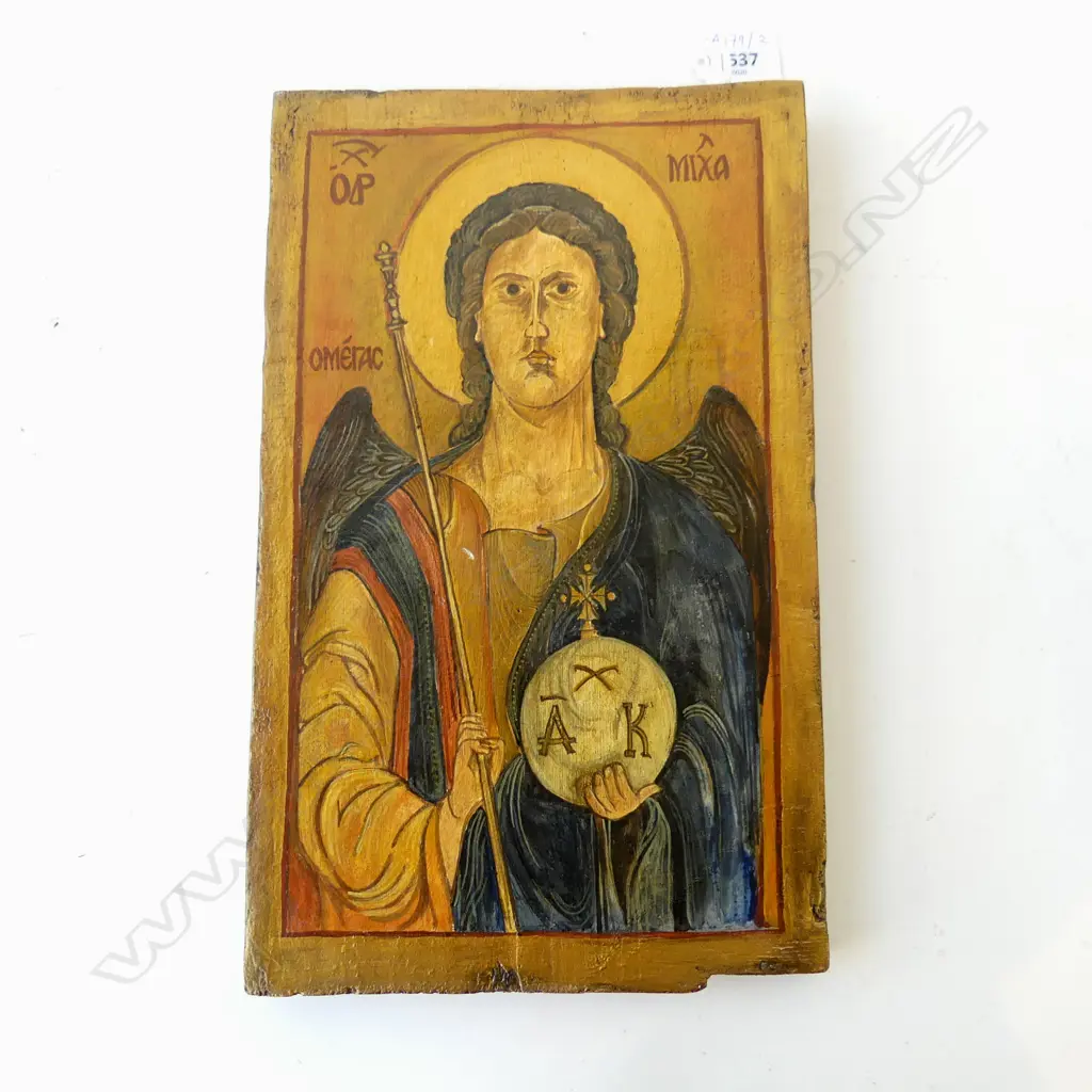 N+A HANTON 'ARCHANGEL MICHAEL' PIGMENT ON GESSO ON WOODEN PANEL, 2001 330x205mm Image 1++