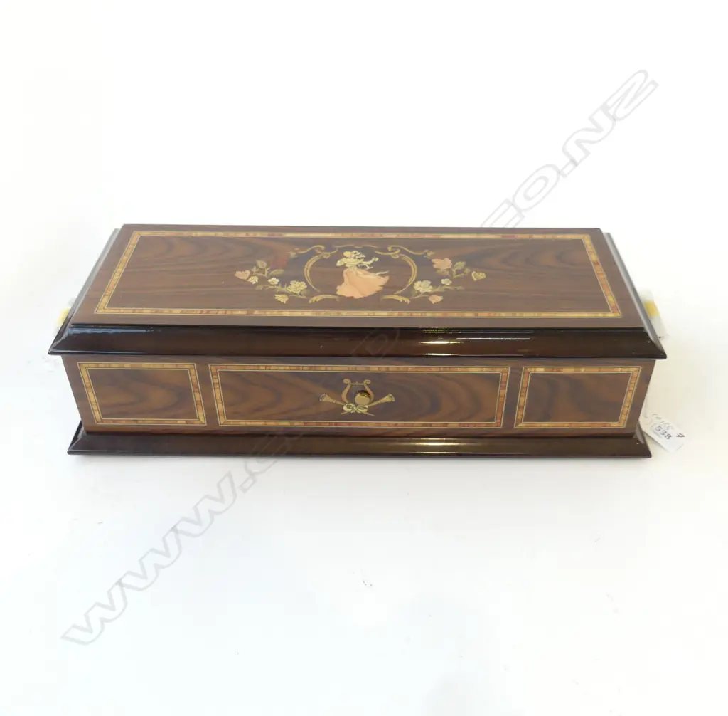 AS NEW CONDITION REPRODUCTION OLD VIENNA MUSIC BOX WITH INVOICE, DATED 1987 FOR 1850 CANADIAN DOLLARS, 405 x 110mm Image 1++