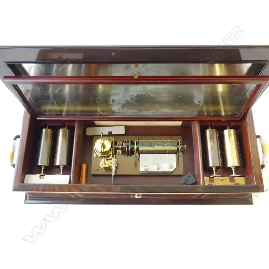 AS NEW CONDITION REPRODUCTION OLD VIENNA MUSIC BOX WITH INVOICE, DATED 1987 FOR 1850 CANADIAN DOLLARS, 405 x 110mm