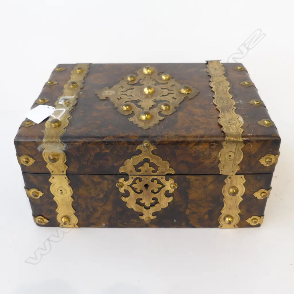 INTERESTING  19THC ANGLO INDIAN WRITING BOX WITH GRAINED EFFECT & BRASS STRAPPING, INCLUDES INKWELL (SOME RESTORARION RE Image 1++