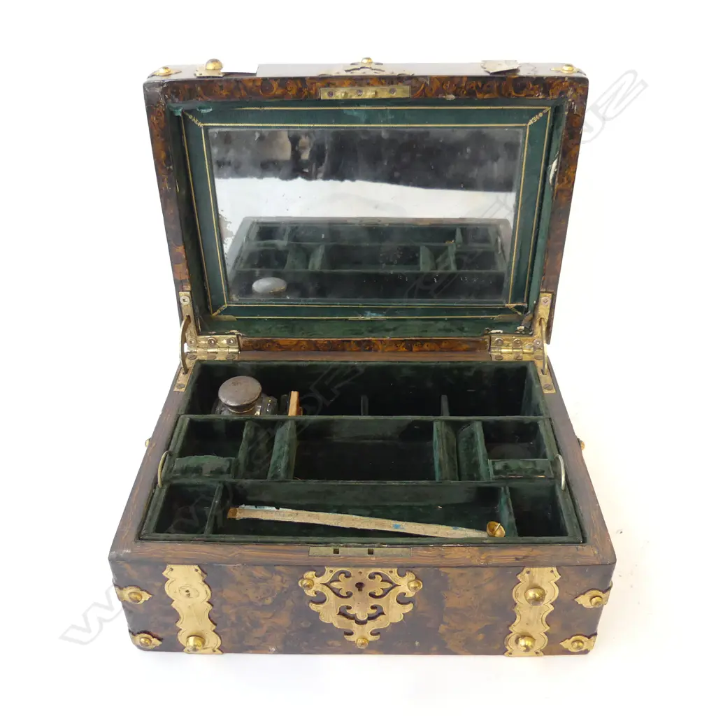 INTERESTING  19THC ANGLO INDIAN WRITING BOX WITH GRAINED EFFECT & BRASS STRAPPING, INCLUDES INKWELL (SOME RESTORARION RE Image 1++