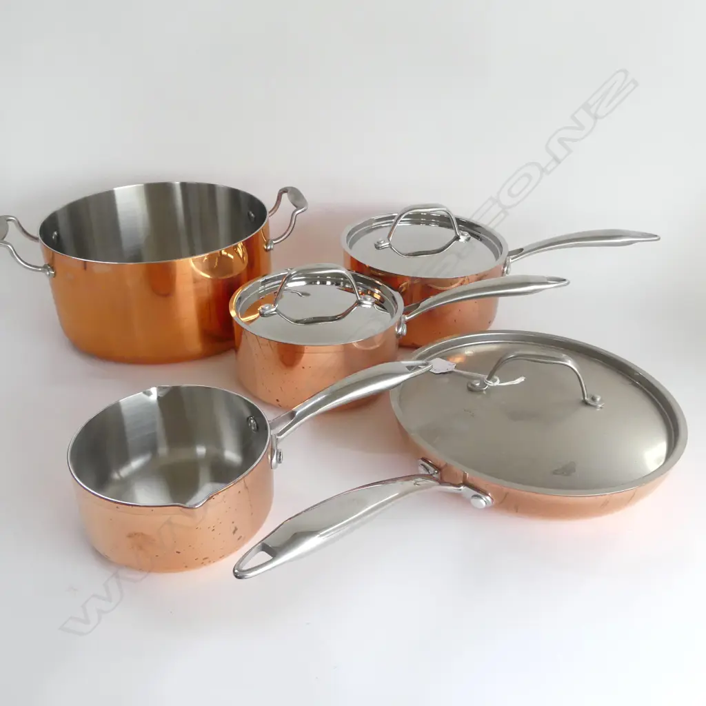 Set of five Stevens copper (tri-ply) cookware, stockpot, saucepans and sauté pan  Image 1++