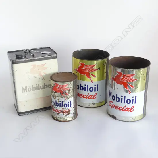X4 VINTAGE MOBIL OIL TINS TALLEST 230MM