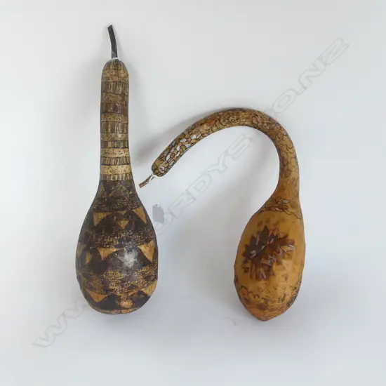 2 AFRICAN DECORATIVE GOURDS, LONGEST 430MM