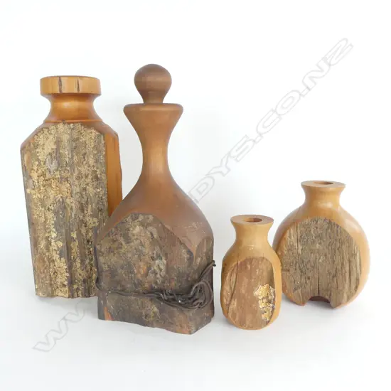 3 RUSTIC CARVED WOODEN VASES + DECANTER H.320mm