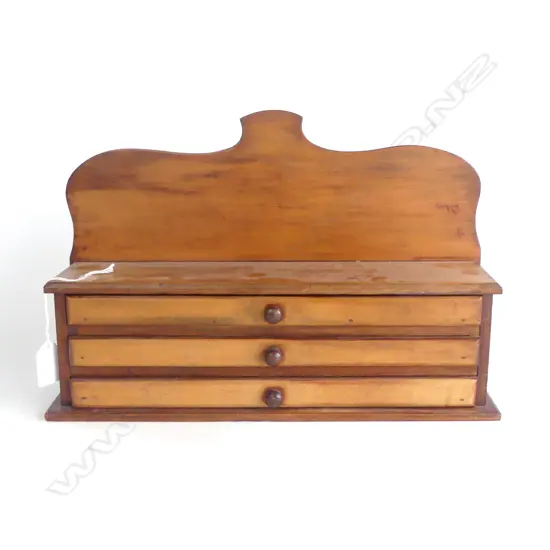 19TH CENT WOODEN JEWELLERY CABINET FROM AN OLD JEWLLER IN PAHIATUA L350 H250MM