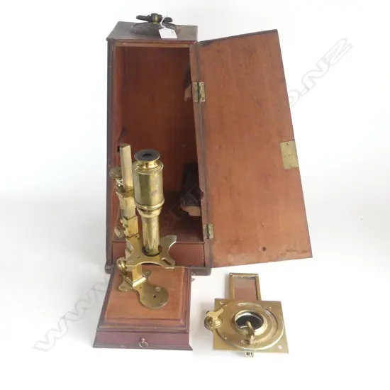 ANTIQUE DOLLON CUFF STYLE MICROSCOPE + ASST. LENSES, SLIDES ETC, IN MAHOGANY CASE H.450mm