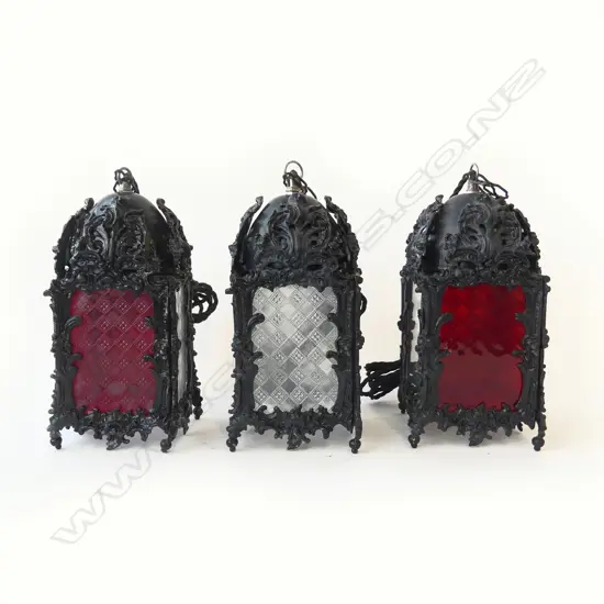 3 HANGING PAINTED BRASS LAMPS [WORKING] H300mm