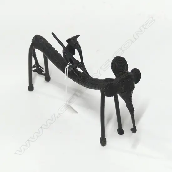 BENIN BRONZE DOG FIGURE ON STYILIZED ELEPHANT L260MM