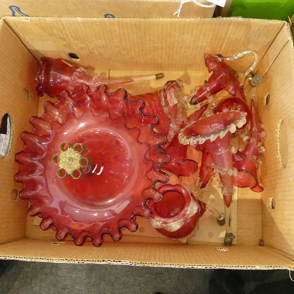 BOX OF CRANBERRY GLASS EPERGNE PARTS Image 1++