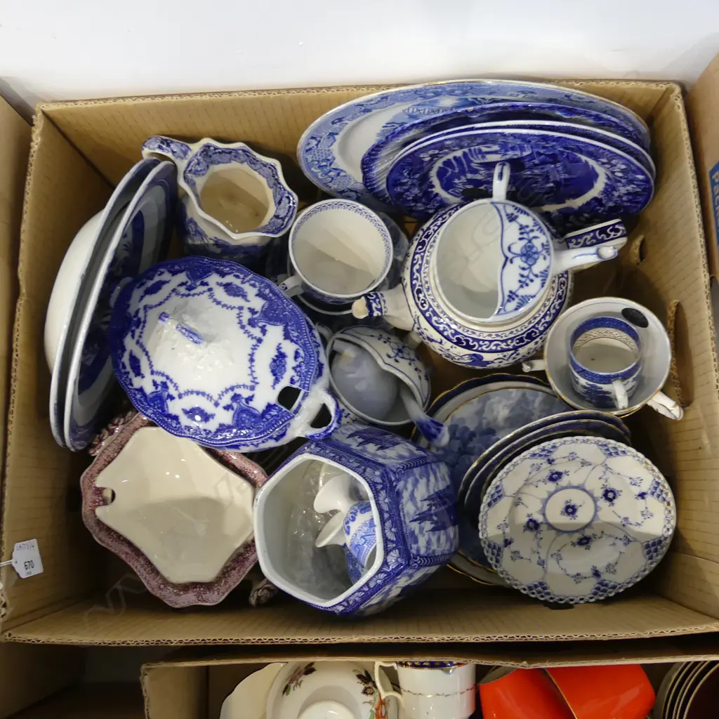 BOX LOT B/W CHINA FLOW BLUE ETC Image 1++
